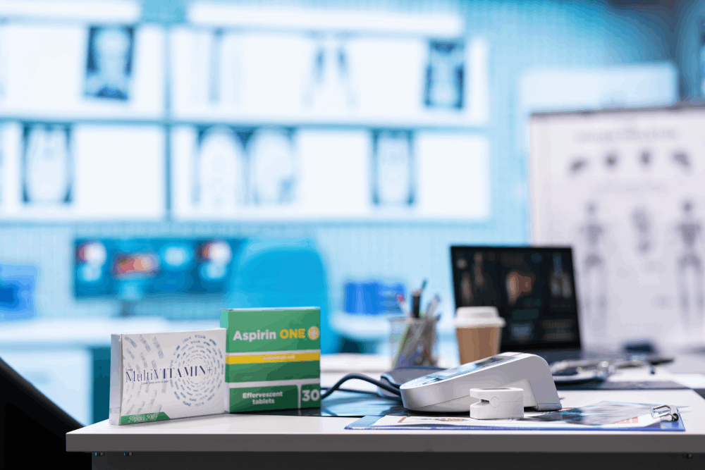 Hospital pharmacy counter with essential medicines and medical supplies in sri chakra hospital